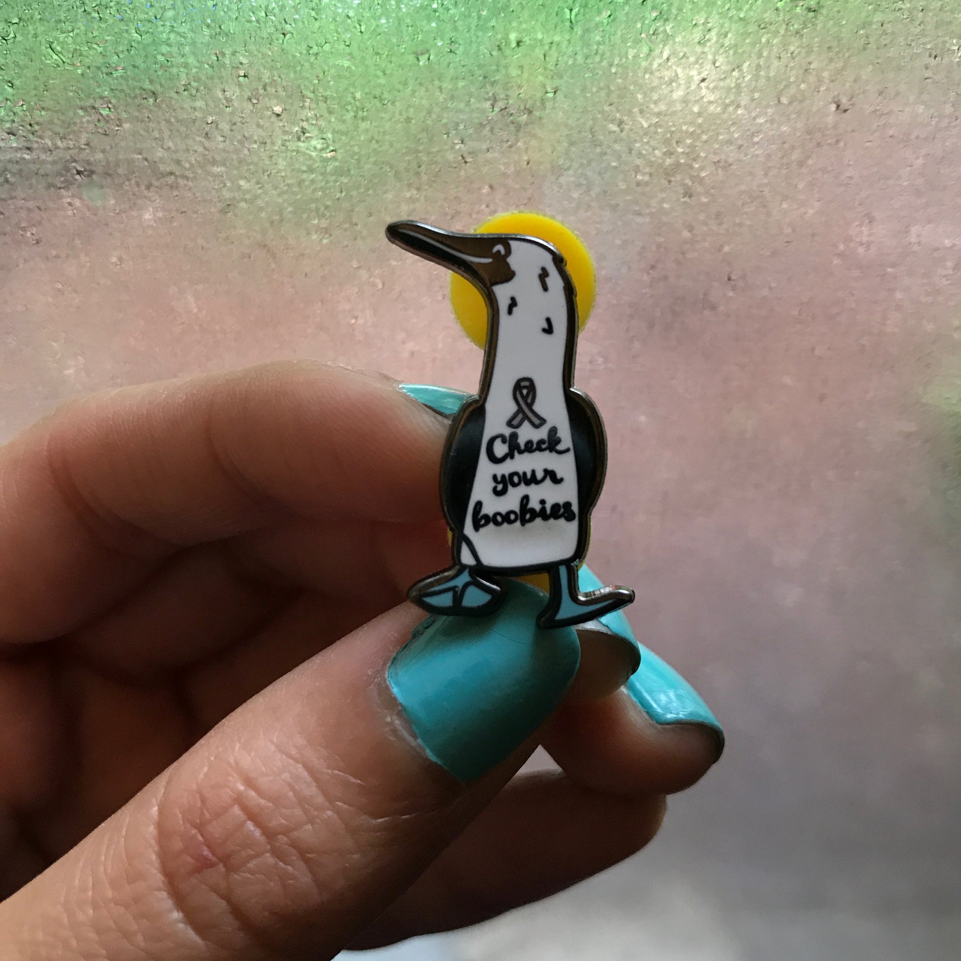 blue footed booby breast cancer awareness pin • donation item
