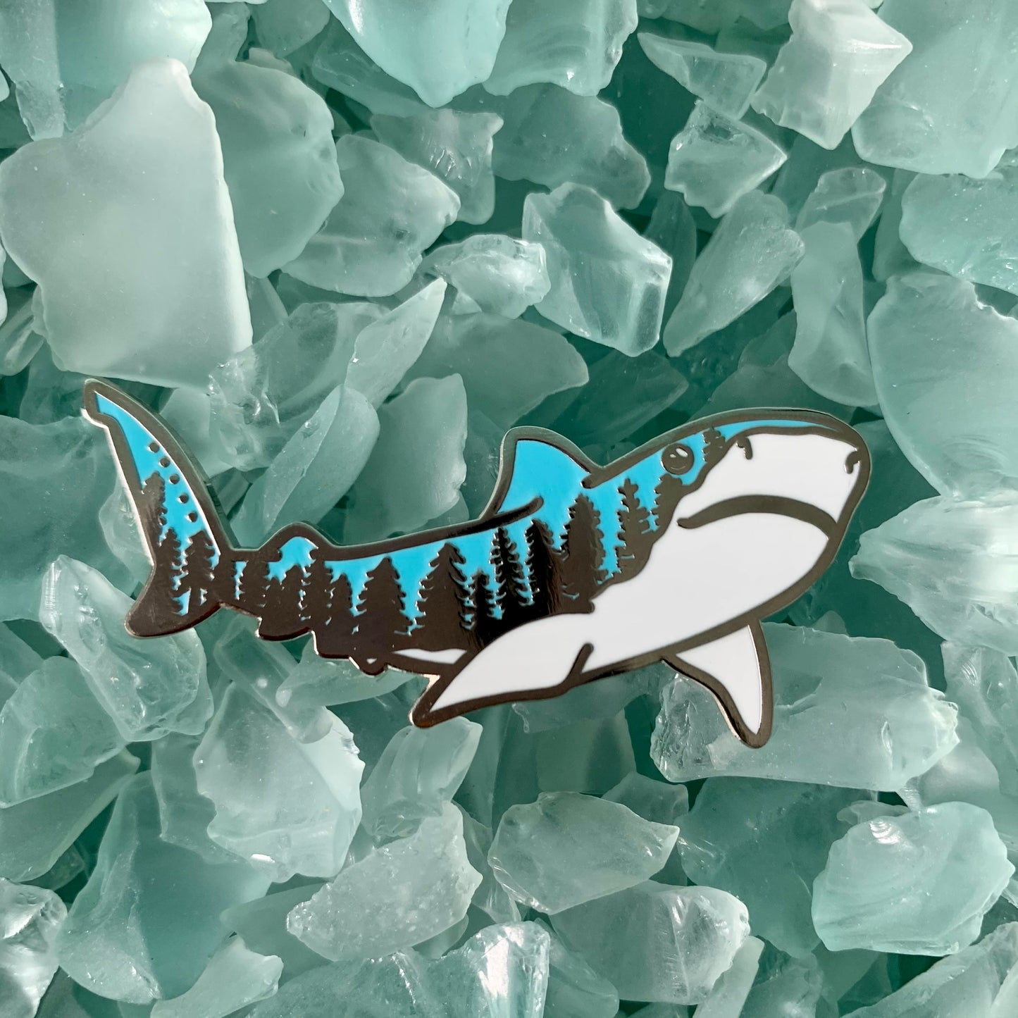 silver sharks older than trees enamel pin blue