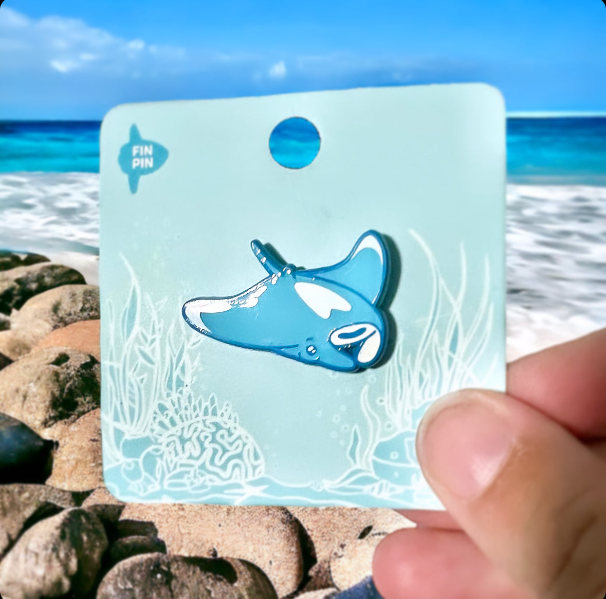 Blue manta ray enamel pin