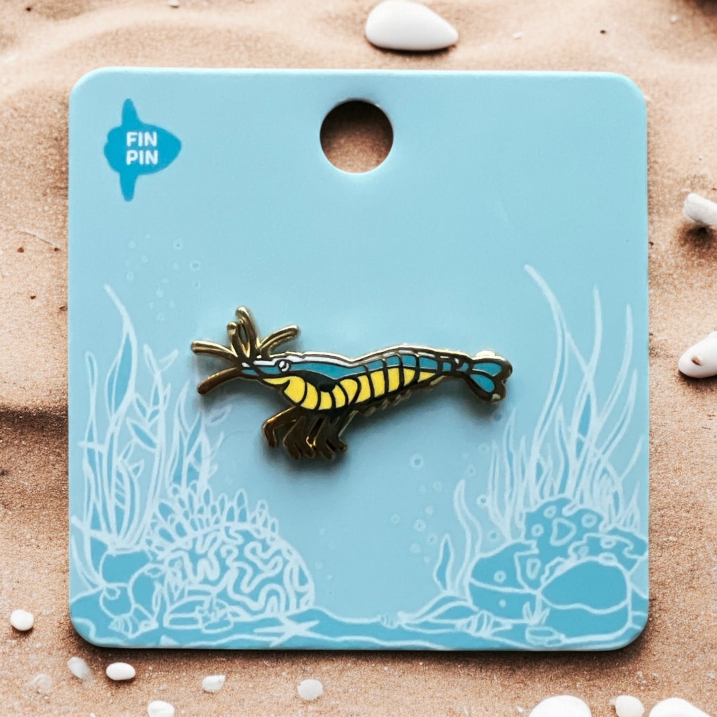 Blue shrimp enamel pin