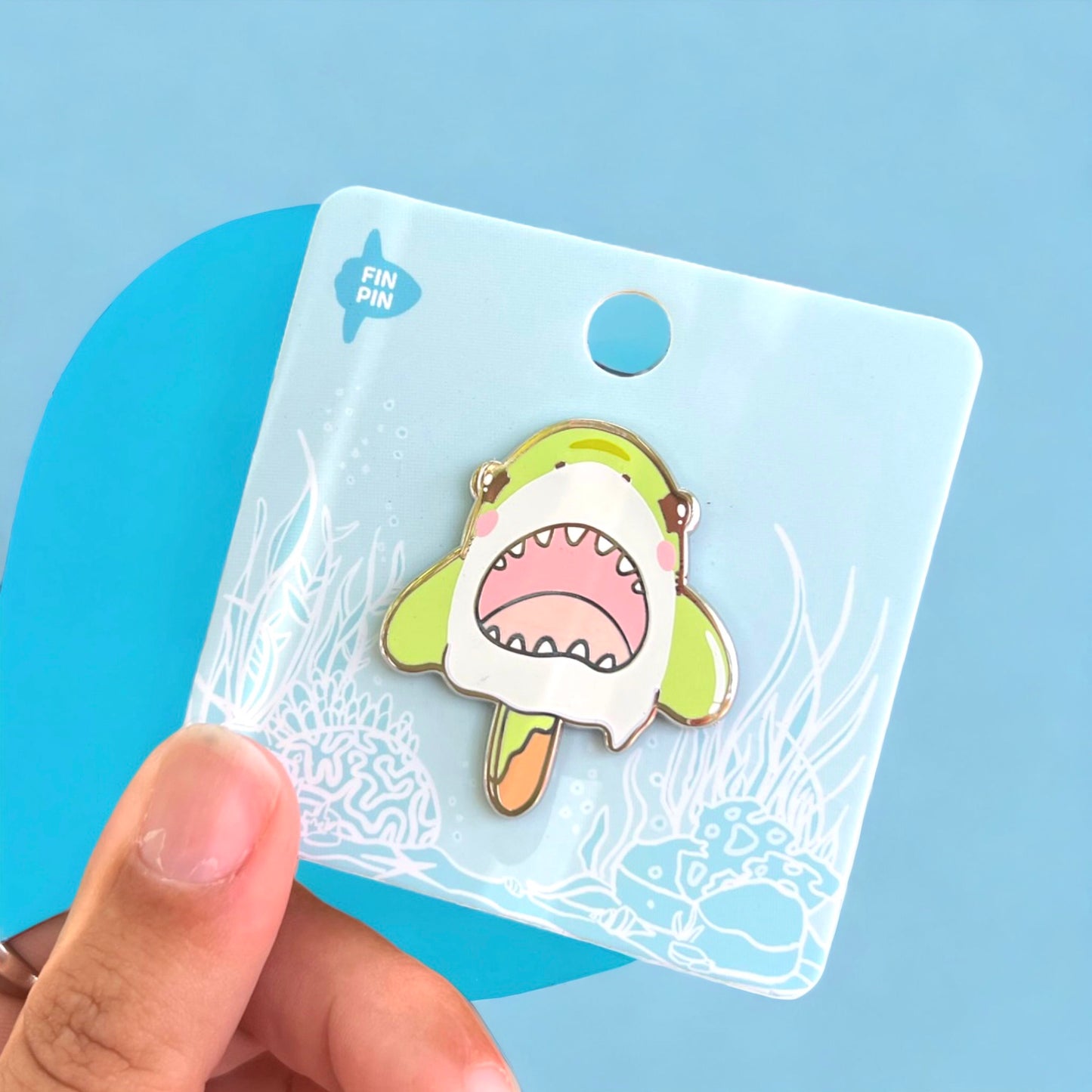 Lime green popsicle shark enamel pin