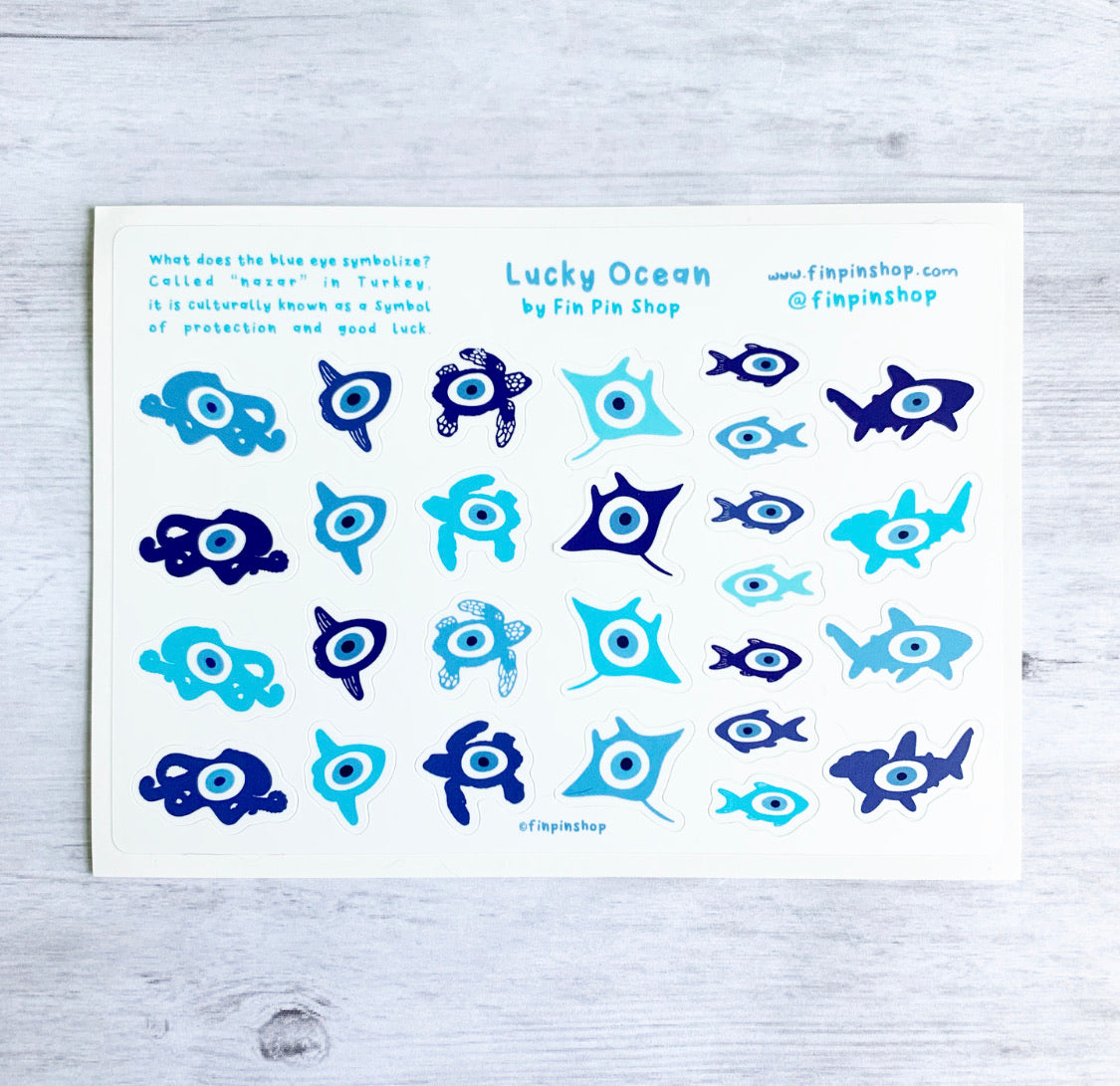 lucky eyes sticker sheet - sharks, rays, octopus, fish