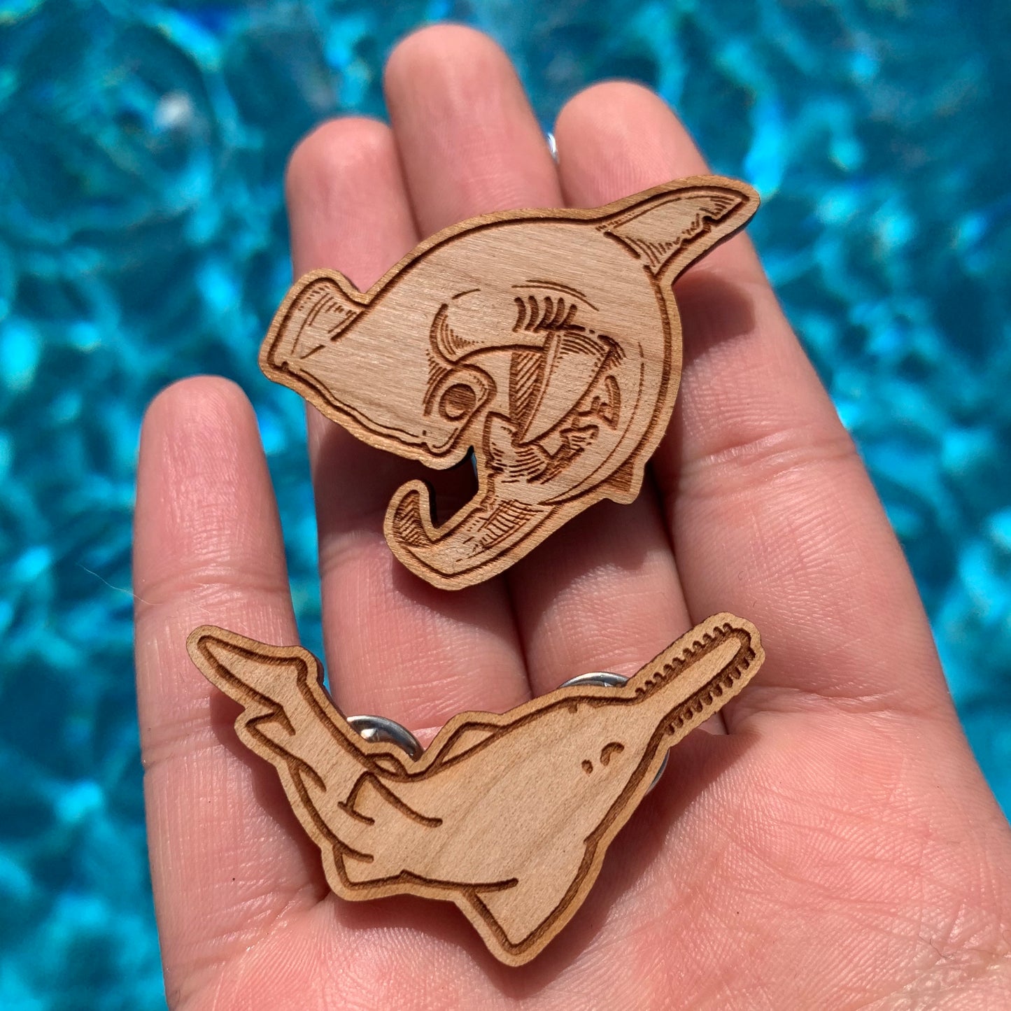 sawfish & hammerhead shark eco wood pin set x sharktopia collab • donation item