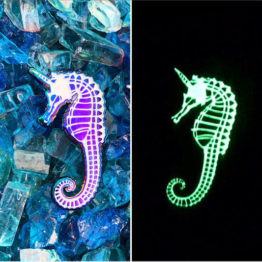 glow in the dark rainbow unicorn seahorse pin