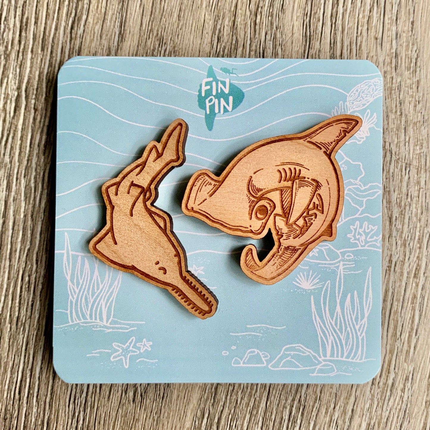 sawfish & hammerhead shark eco wood pin set x sharktopia collab • donation item