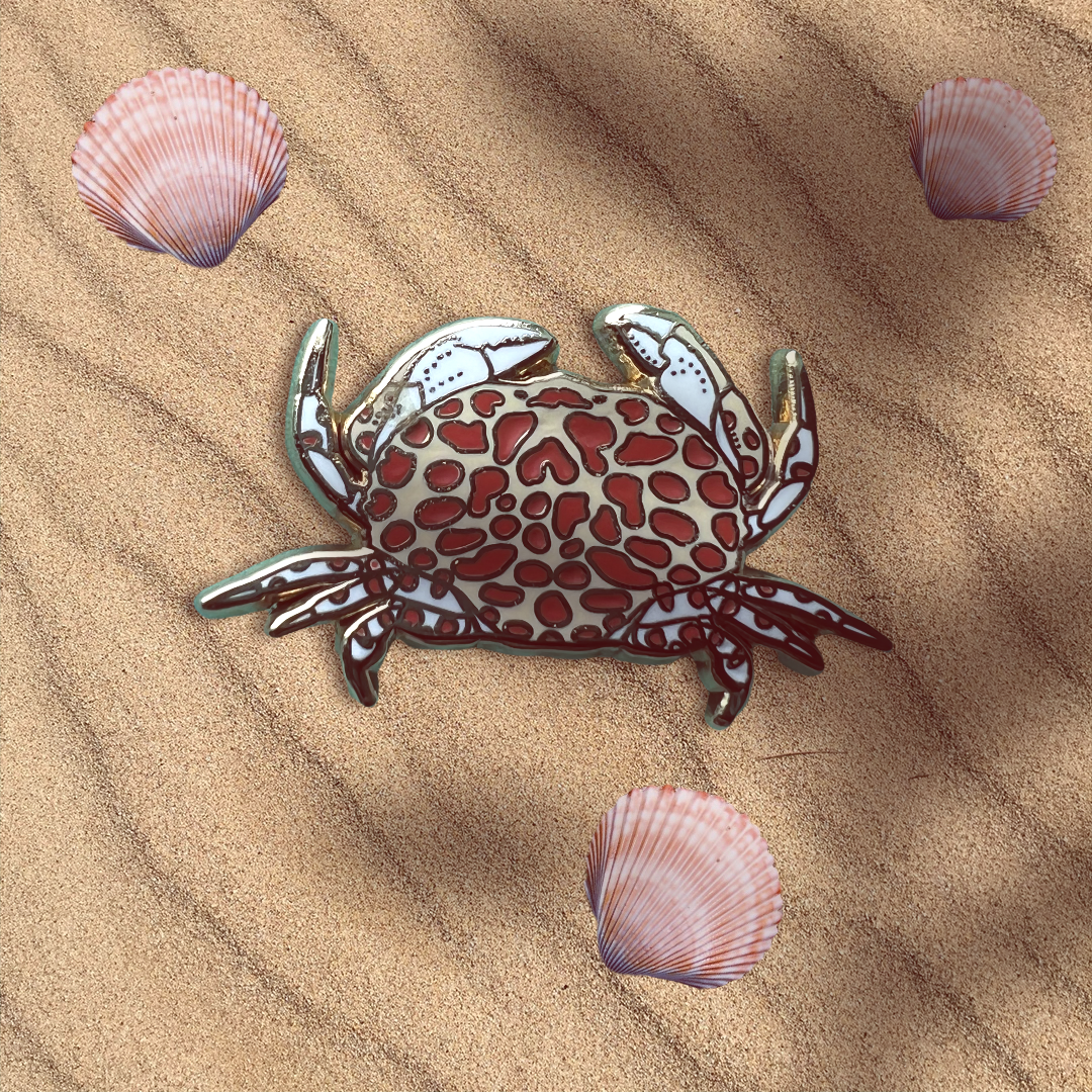 Calico crab enamel pin