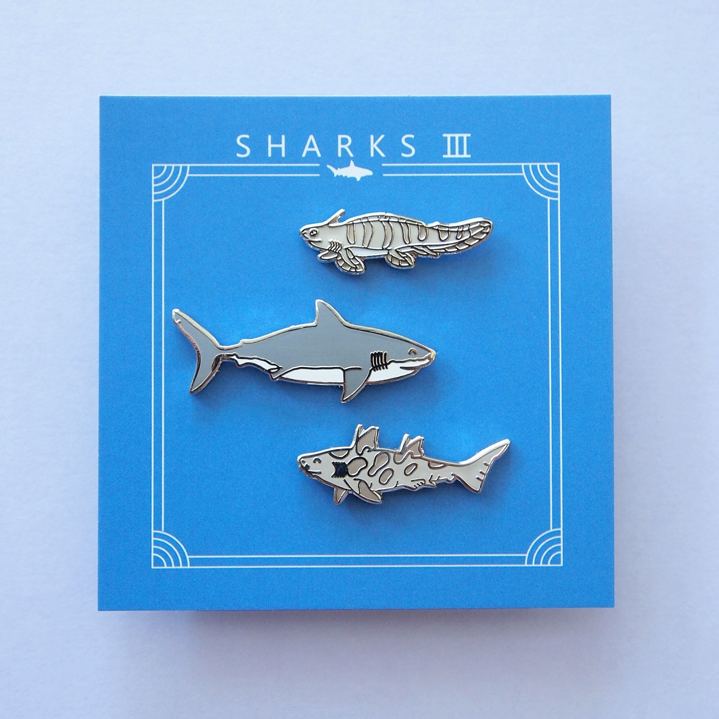 sharks iii pins set of 3 enamel pins (ptychodus, xenacanthus, megalodon)