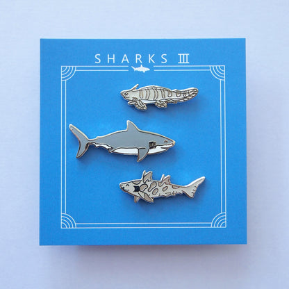 sharks iii pins set of 3 enamel pins (ptychodus, xenacanthus, megalodon)